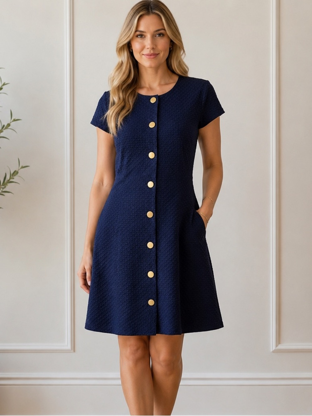 NWT Misha Nonoo Navy Textured Career Dress Size Small Gold Snap Button Pockets